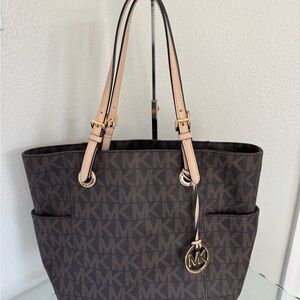 MICHAEL KORS Signature Brown Jet Set Tote with Tan Leather Trim and Side Pockets